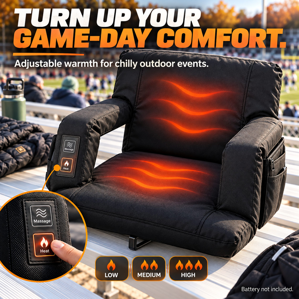 Portable heated stadium seat showing back and seat heating zones and low medium high heat settings