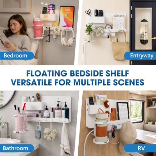 No Drill Extra Wide Floating Wall Shelf, Bedside Organizer for Tablet Phone
