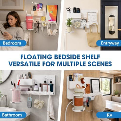 No Drill Extra Wide Floating Wall Shelf, Bedside Organizer for Tablet Phone