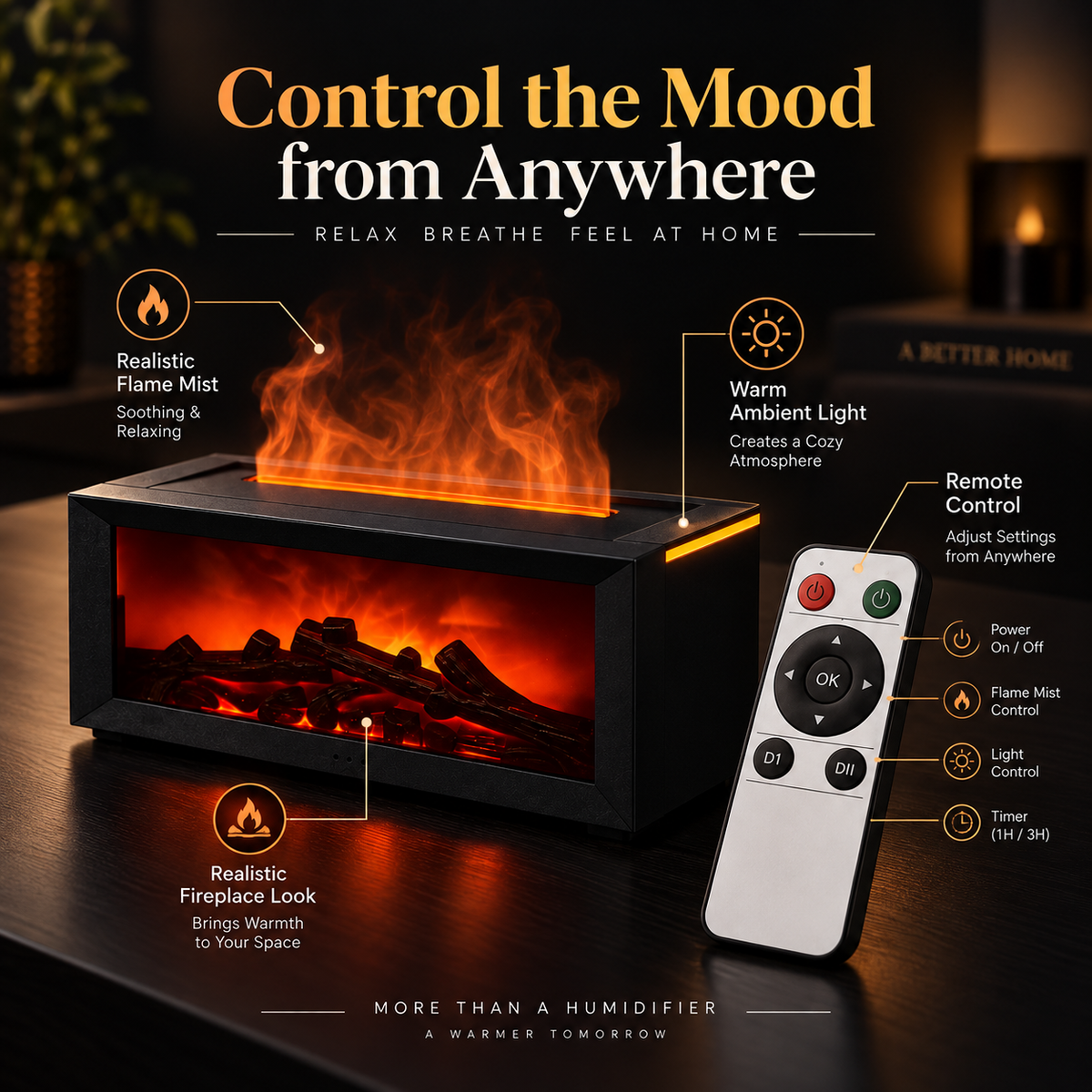 Flame-Effect Ambient Fireplace Humidifier – Remote-Control Cozy Tabletop Decor