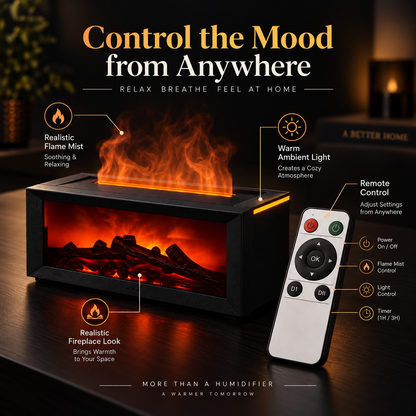 Flame-Effect Ambient Fireplace Humidifier – Remote-Control Cozy Tabletop Decor