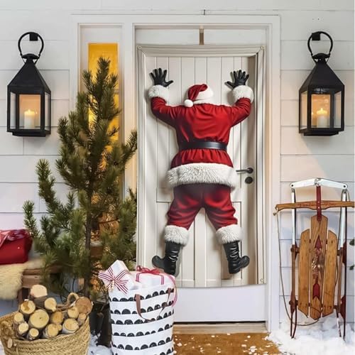 Santa banner hanging on a porch door with visible corner attachment points.