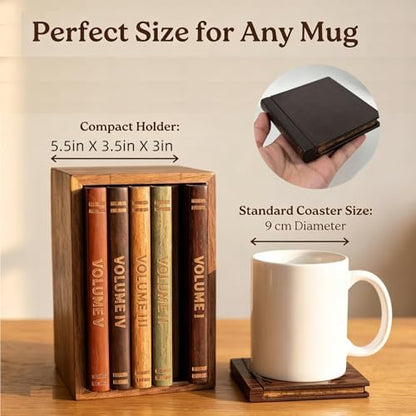 Vintage drink Coasters Set of 5– Wooden Book-Style Coasters with stand, Antique Style Coasters for Drinks, Home Decor, Kitchen Decor, Dining Room Decor, Vintage Bar Decor for Coffee Shop & Restaurant