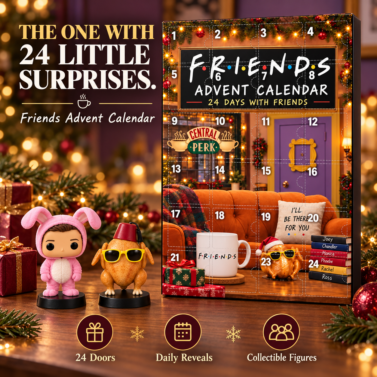 Friends-themed advent calendar with 24 numbered doors and collectible character figures