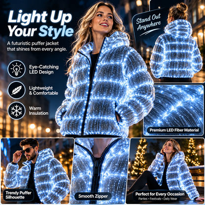 ⚡Full-Glow Fiber-Optic Puffer Jacket – Futuristic Hooded Winter Coat for Raves, Festivals & Night Events
