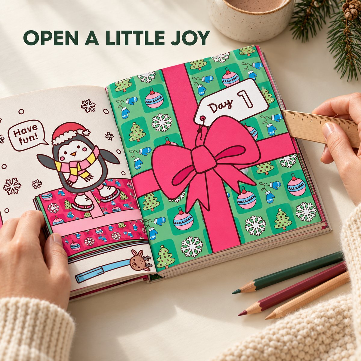🎄Happy Days‑Cosy Christmas Advent Colouring Book | Hardback Edition | 24 Sealed Daily Surprise Sections | All‑Ages Screen‑Free Festive Activity
