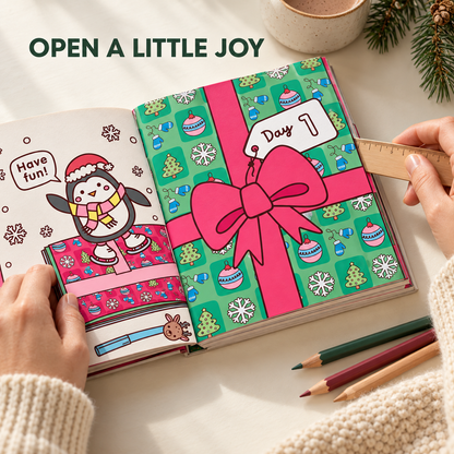 🎄Happy Days‑Cosy Christmas Advent Colouring Book | Hardback Edition | 24 Sealed Daily Surprise Sections | All‑Ages Screen‑Free Festive Activity