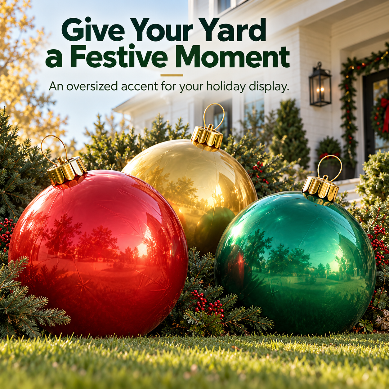 Red gold and green giant Christmas ornaments arranged in a festive front yard with greenery