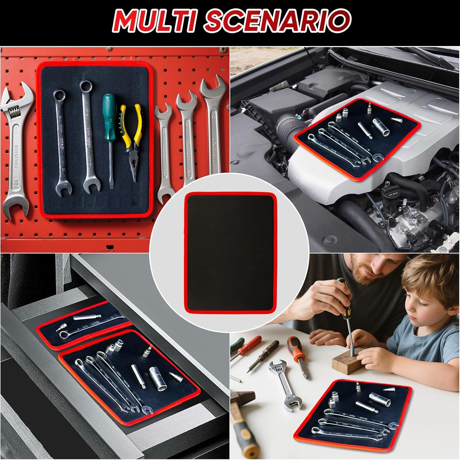 Magnetic tool mat used for garage storage, auto repairs and home DIY