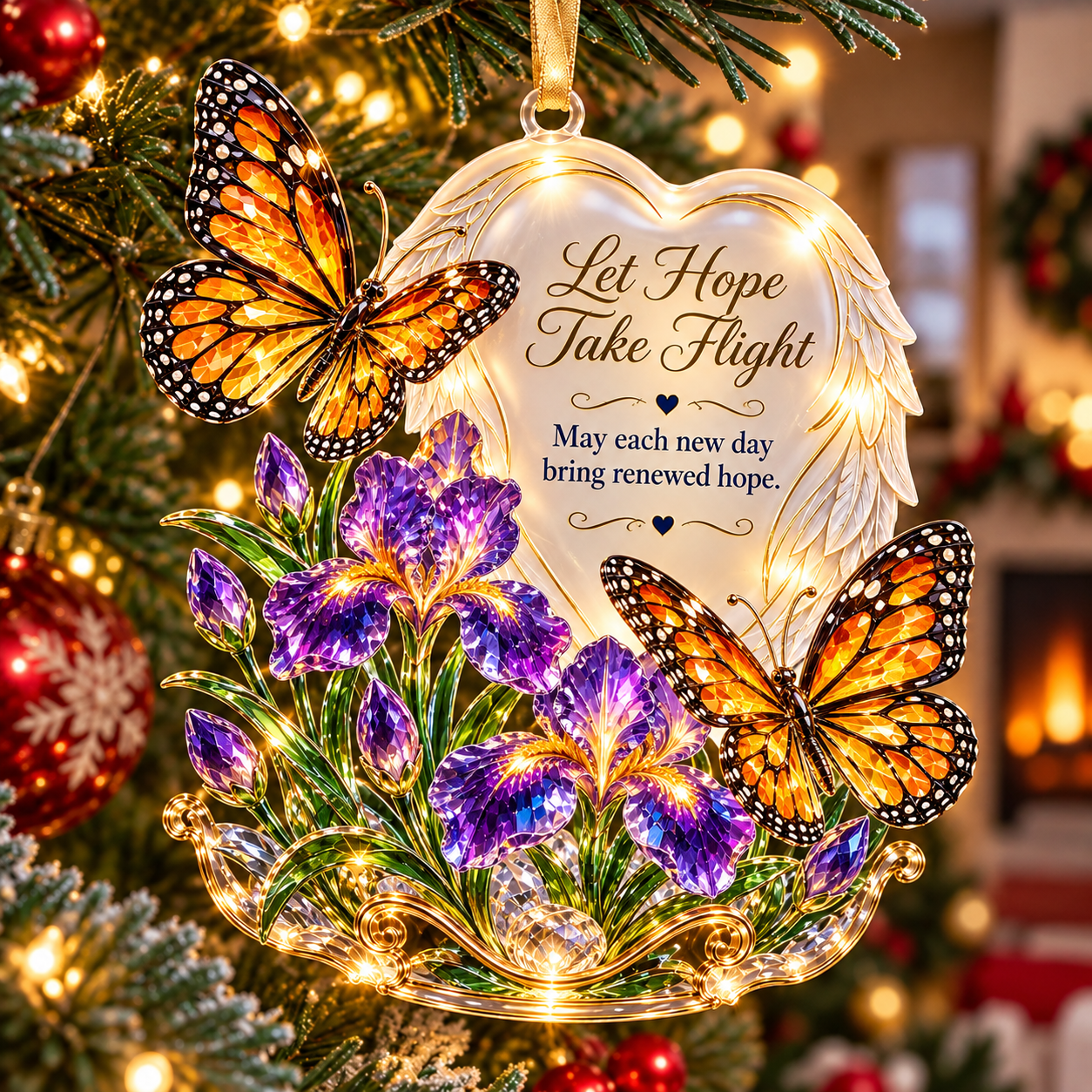 Let Hope Take Flight angel wings ornament with orange butterflies and purple flowers