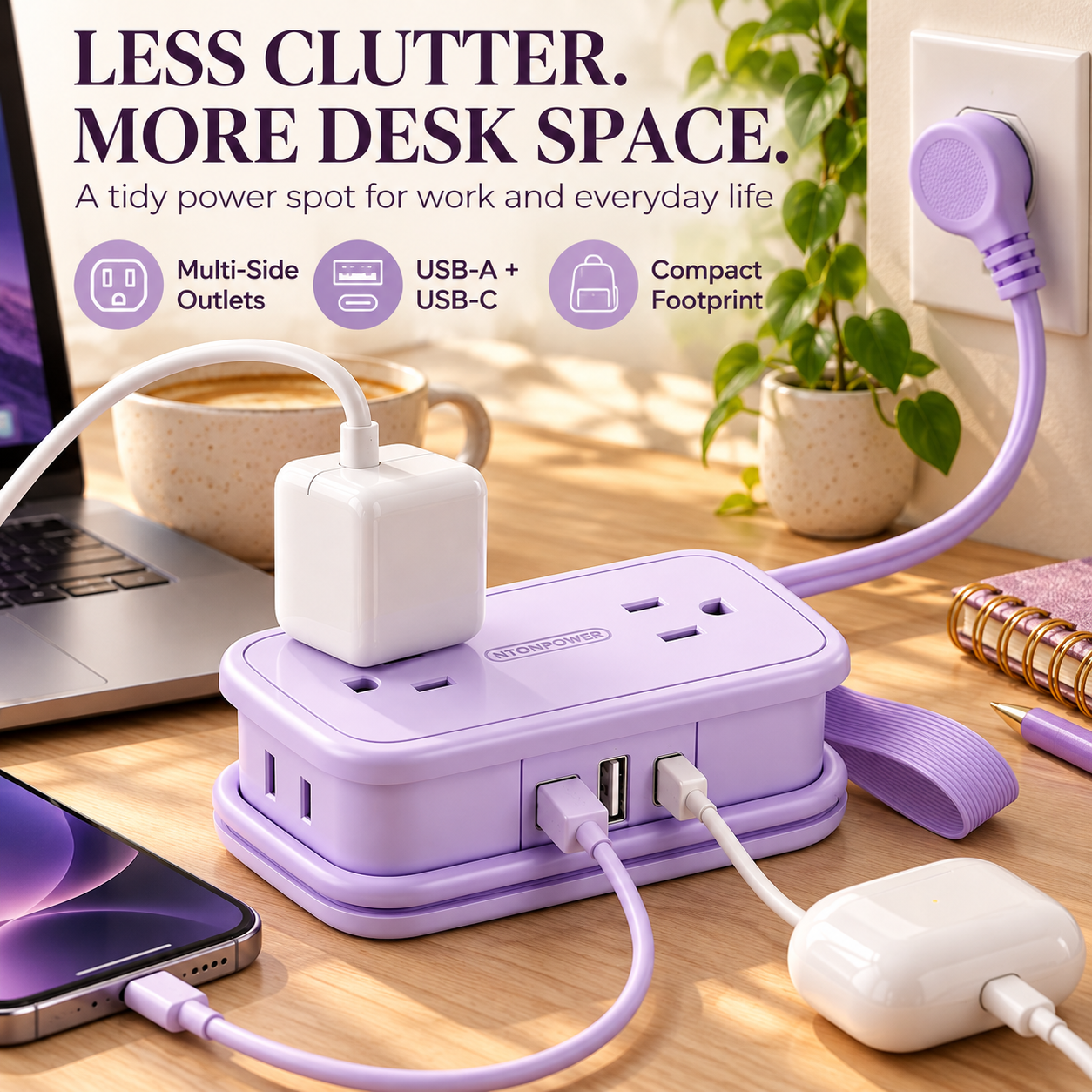 Purple travel power strip powering desk devices in a home workspace