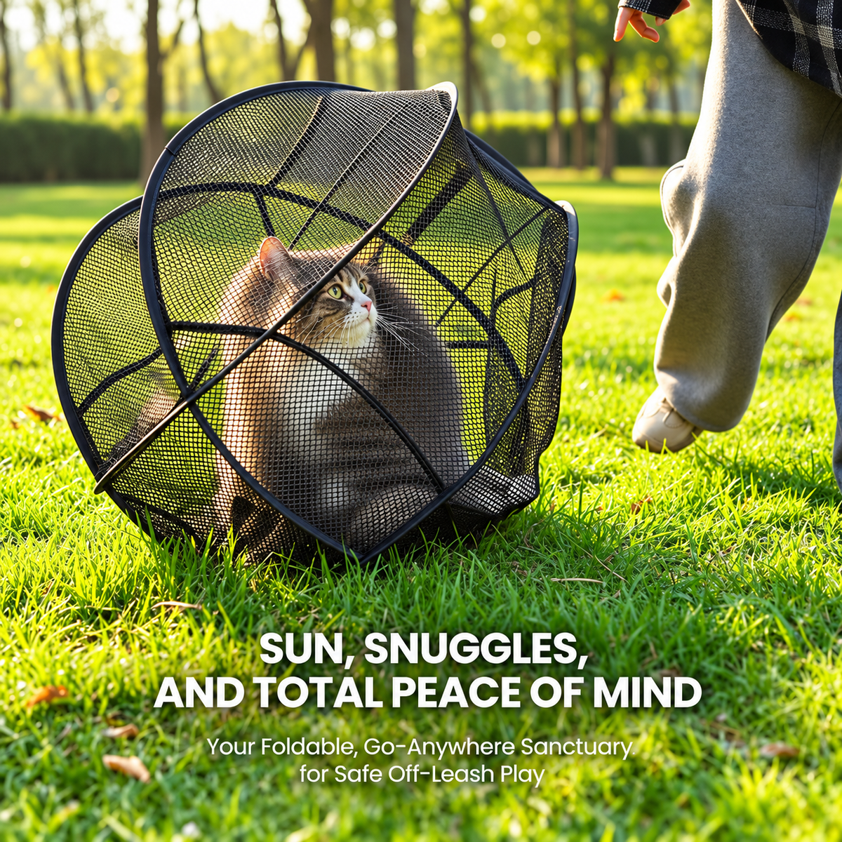 Cat sitting comfortably in a spherical pet playpen on the grass