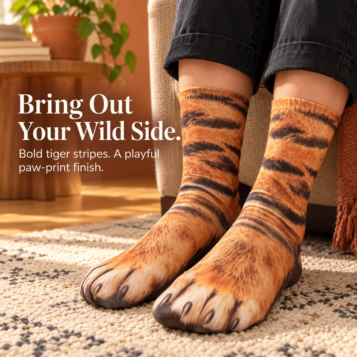 Orange striped realistic cat paw socks worn indoors