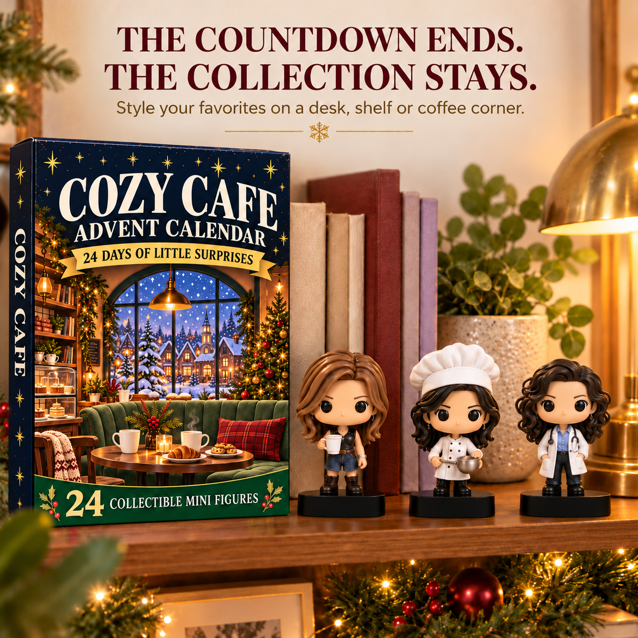 Cozy Cafe calendar and three collectible mini figures displayed on a warm wooden bookshelf