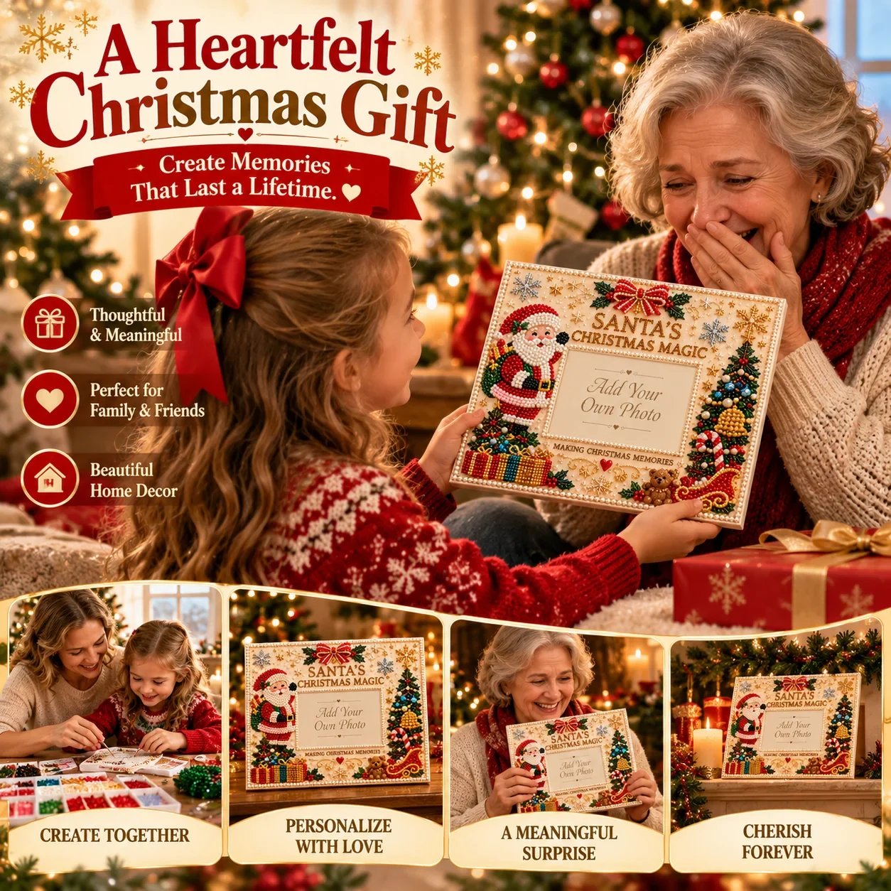 Child gifting a personalized Santa Christmas pearl art photo frame to her grandmother