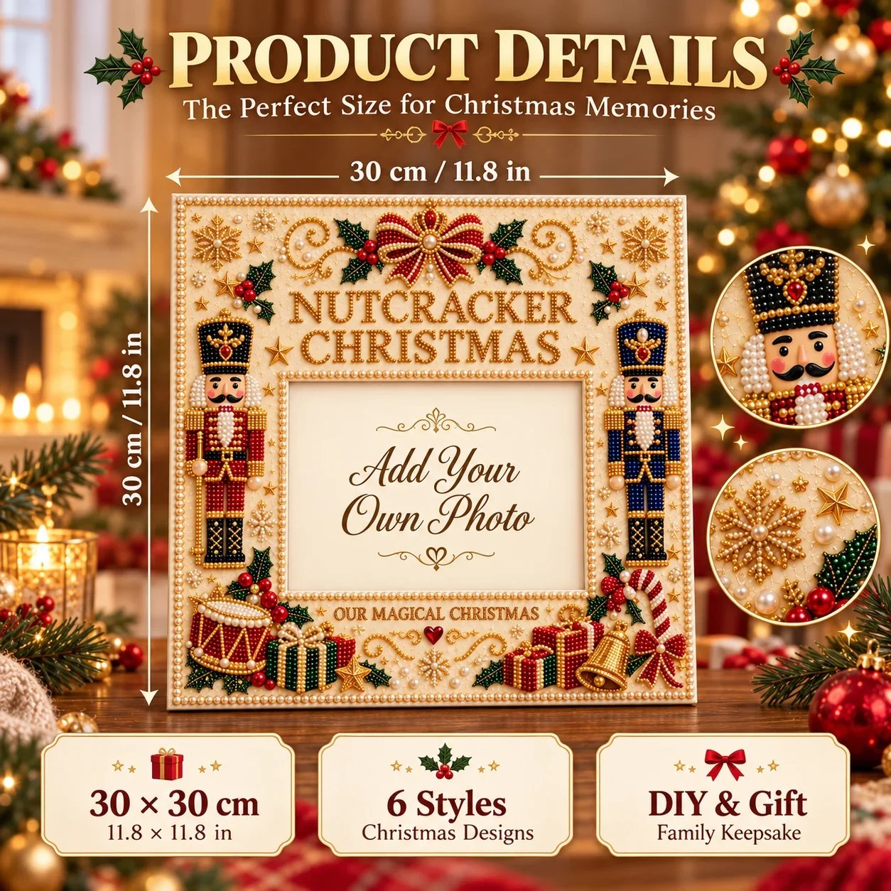 Nutcracker Christmas pearl art photo frame showing finished dimensions of 30 by 30 centimeters