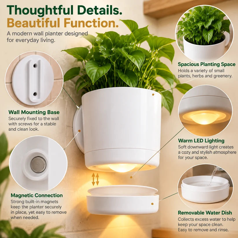 🌿 LED Wall Planter with Warm Ambient Light – Modern Space-Saving Indoor Plant Holder
