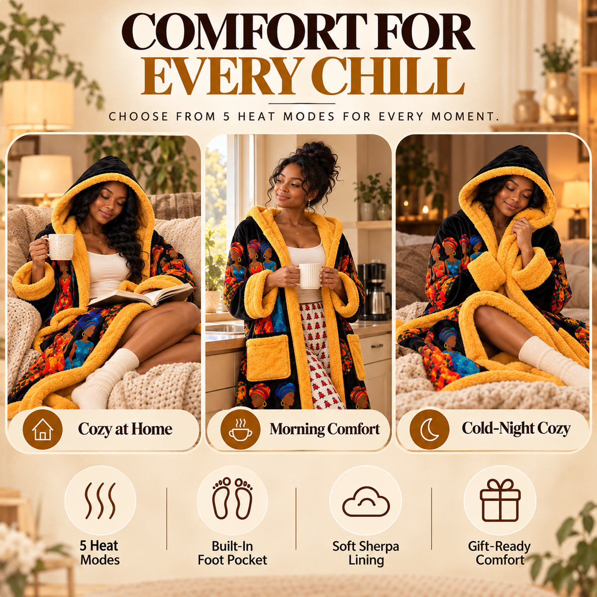 🔥 5-Mode Heated Sherpa Robe – Full-Length Wearable Warmth with Built-In Foot Pocket