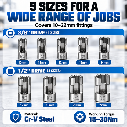 9-Piece Injector & Sensor Line Socket Set – 10–22mm Open-Side Cr-V Sockets, 3/8' & 1/2' Drive
