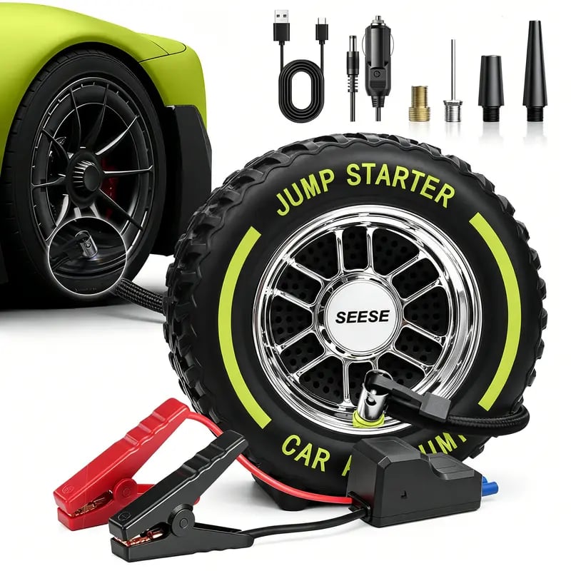 Portable electric tire inflator and jump starter with charging accessories