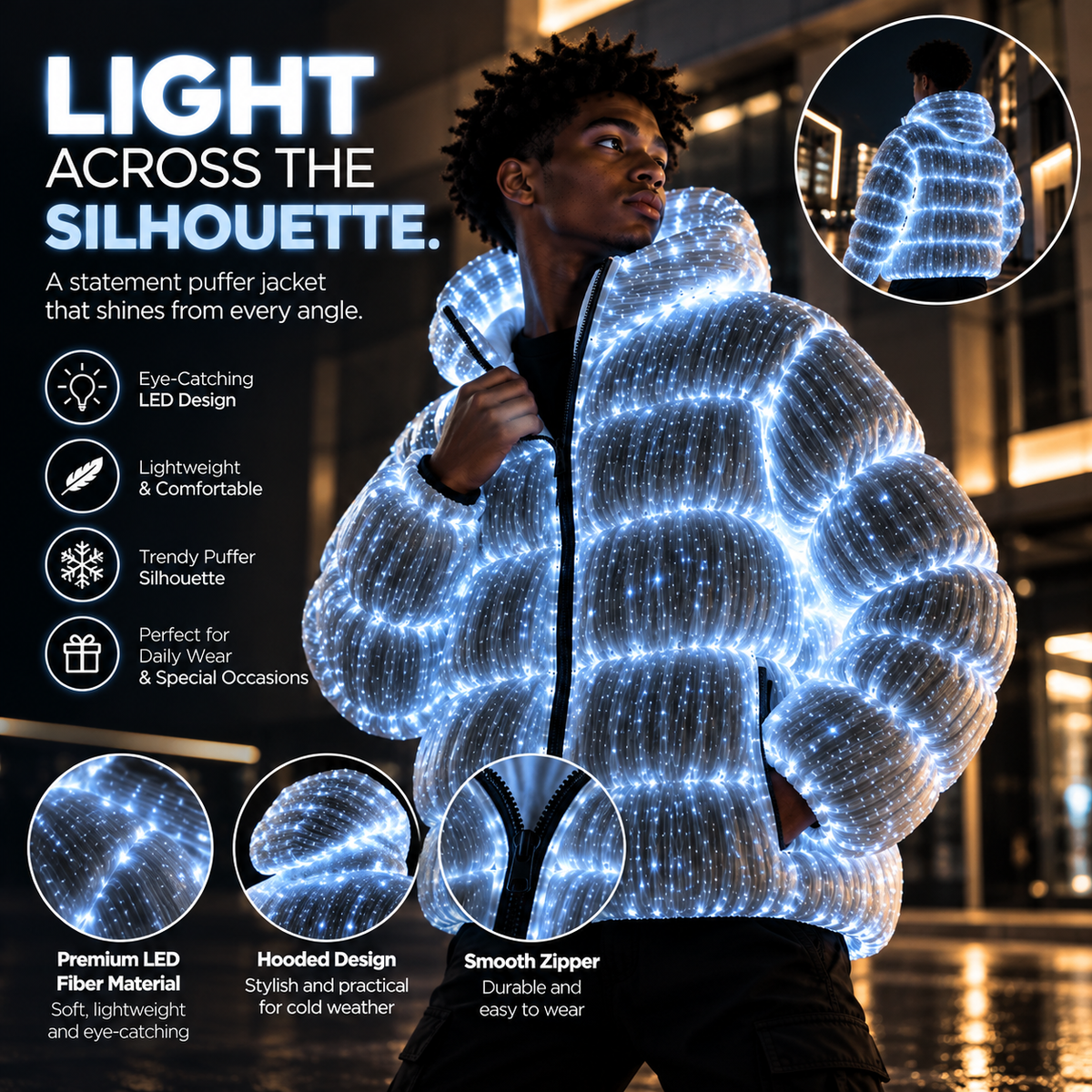 Men wearing illuminated LED fiber optic hooded puffer jacket at night