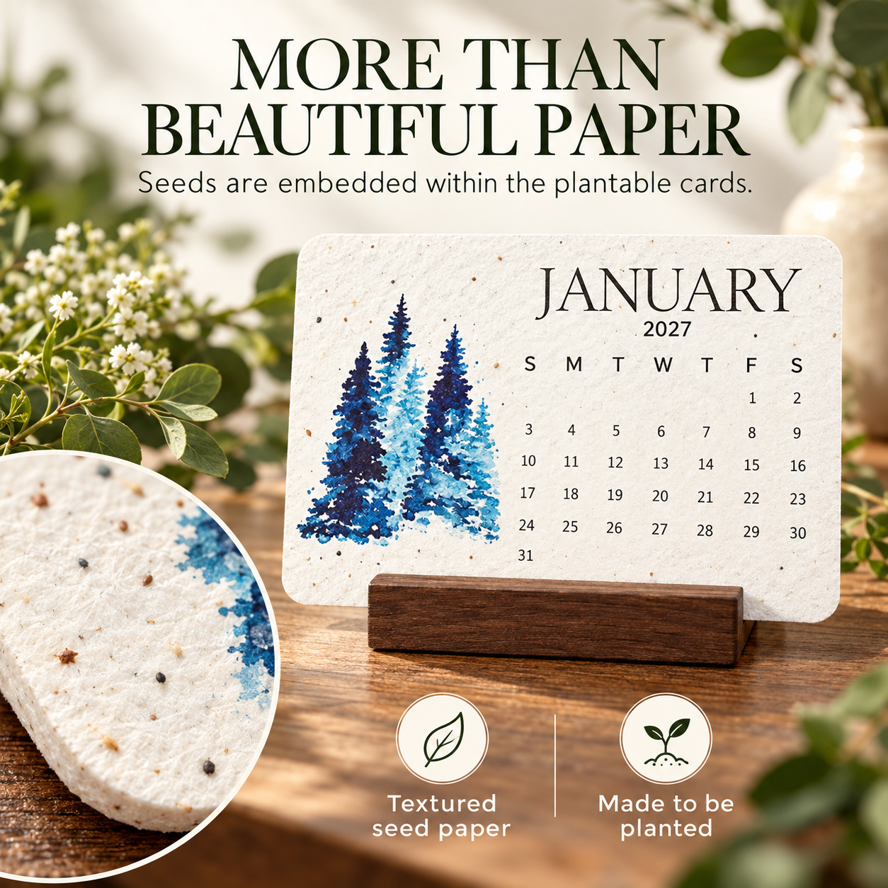 Close-up of textured plantable calendar paper with embedded seeds