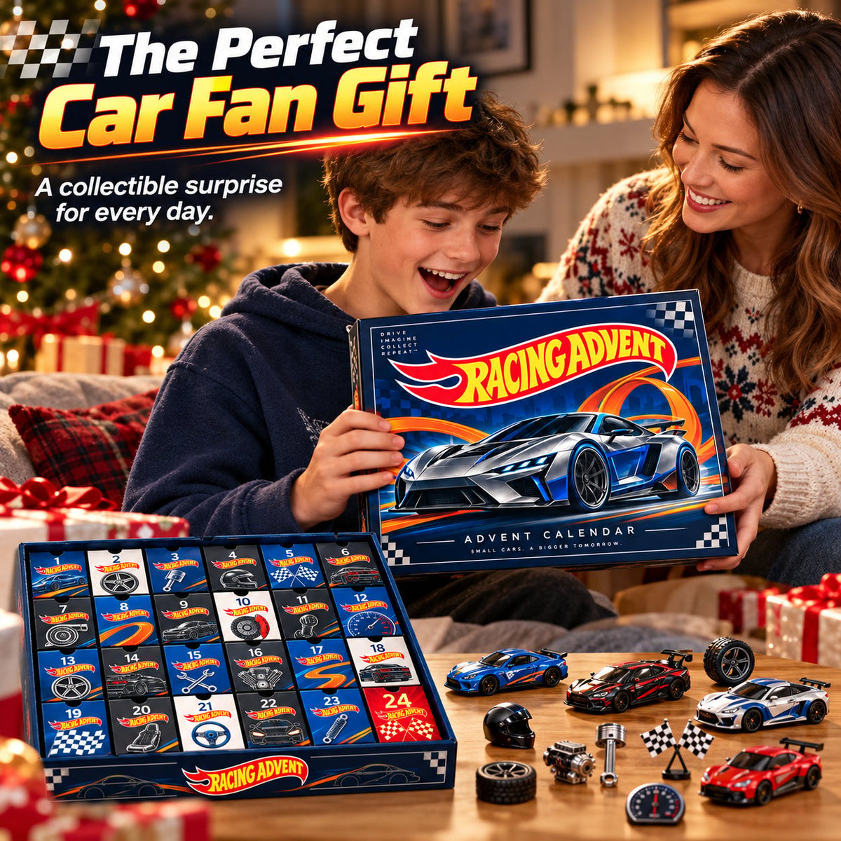 Die-Cast Racing Car Advent Calendar | 24 Day Garage Themed Holiday Countdown Box
