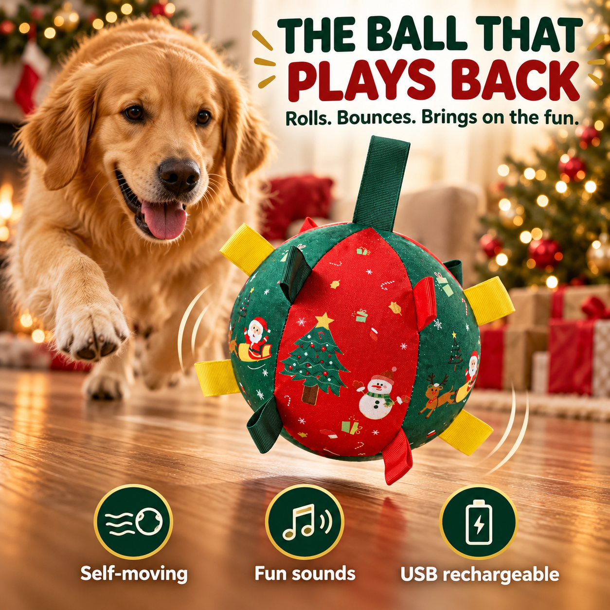 Golden retriever playing with red and green Christmas bounce ball featuring colorful fabric tabs