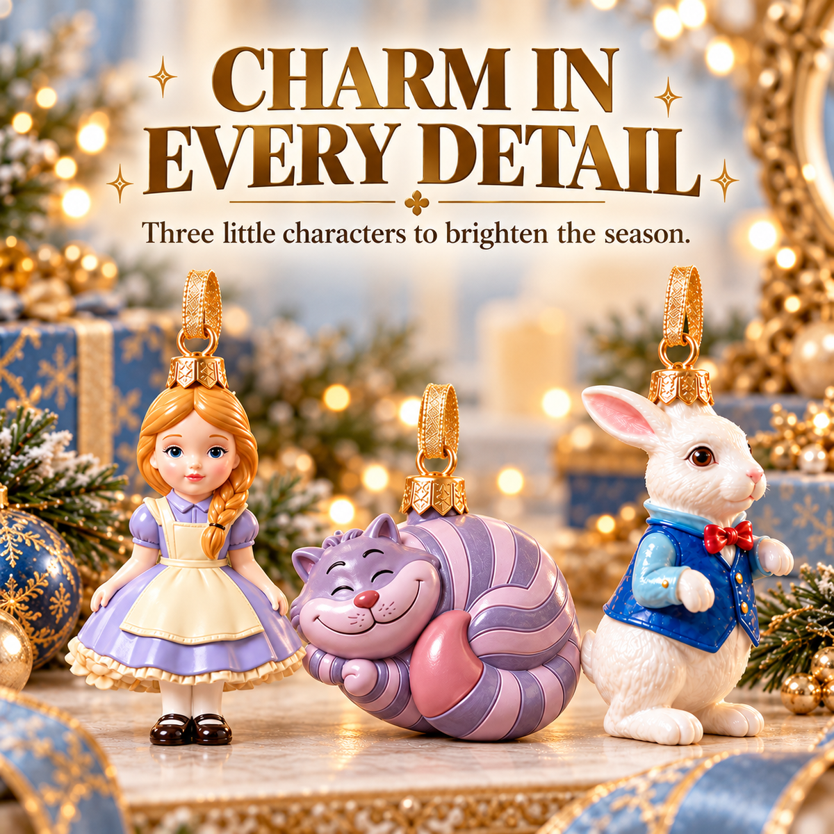 Close-up of three whimsical character ornaments with gold hanging loops and colorful sculpted details