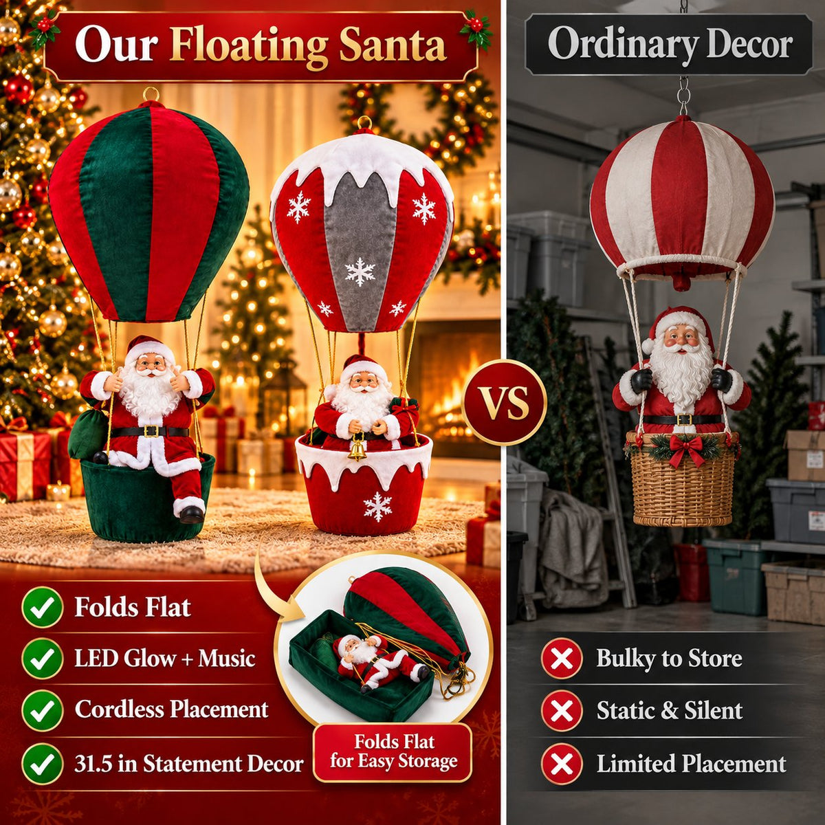 Musical Light-Up Floating Santa Decor ✨Easy Storage & Cordless Glow🎄