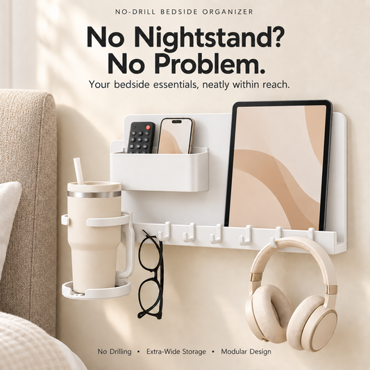 No Drill Extra Wide Floating Wall Shelf, Bedside Organizer for Tablet Phone