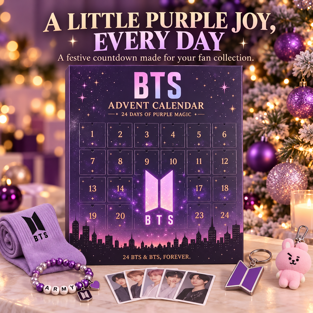 Purple 24-day advent calendar surrounded by festive ornaments and illustrated fan accessories
