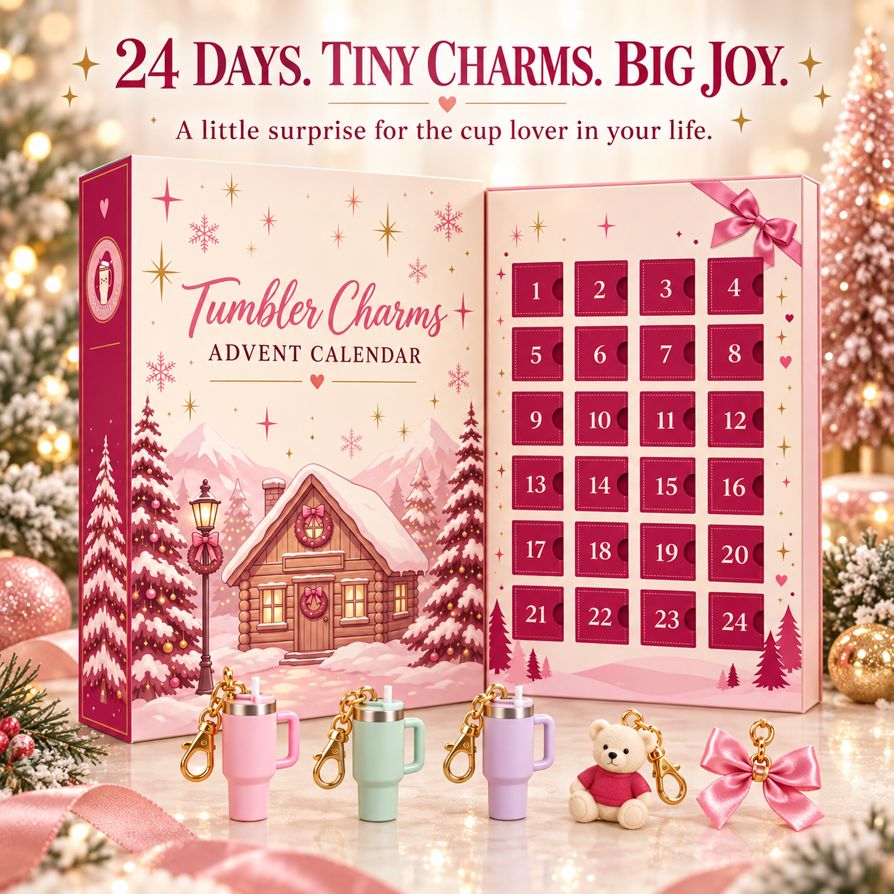 Pink 24-day tumbler charms Christmas advent calendar with miniature cup bear and bow charms