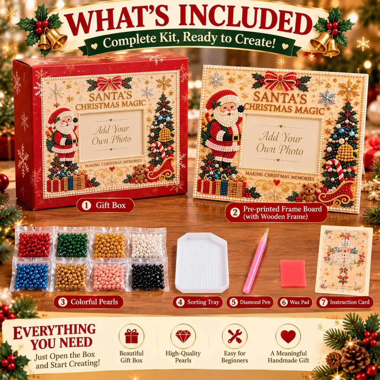 Christmas pearl art kit contents including printed frame board colorful pearls sorting tray placement pen wax pad and instructions