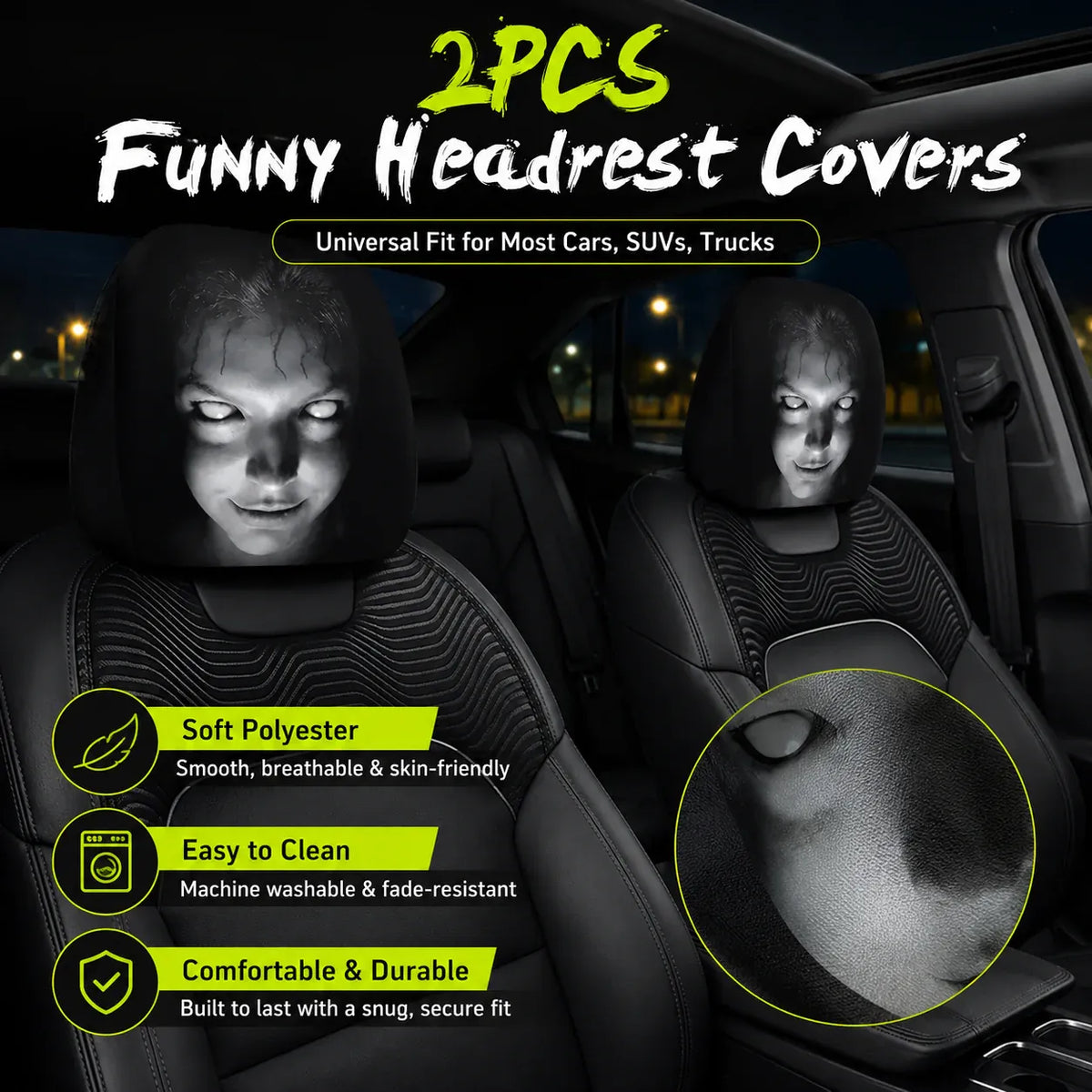 😆 Funny Cartoon Car Headrest Covers – 2PCS Universal Fit 🚗