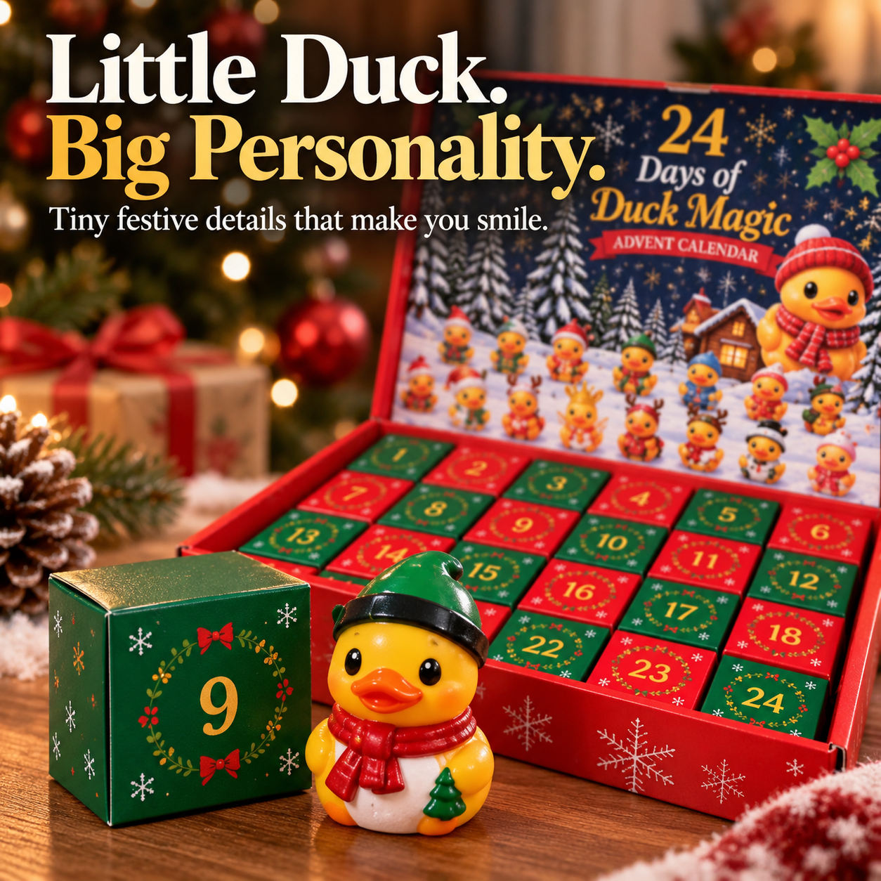 24 Days of Duck Magic advent calendar with numbered boxes and festive duck figure