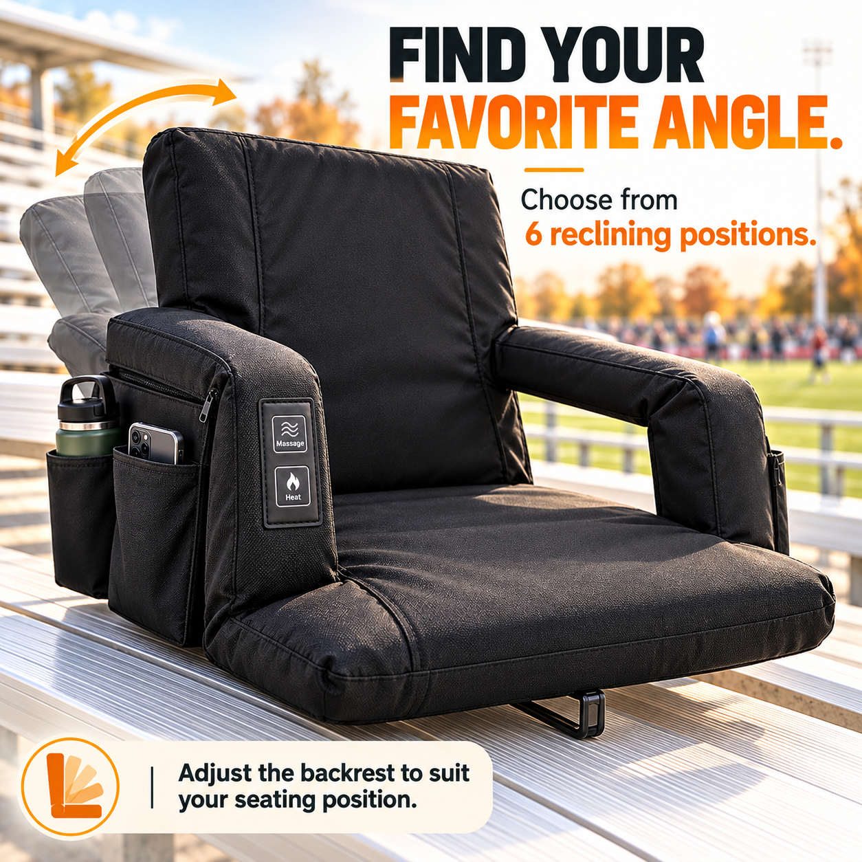 Black portable stadium seat showing six reclining backrest angle positions