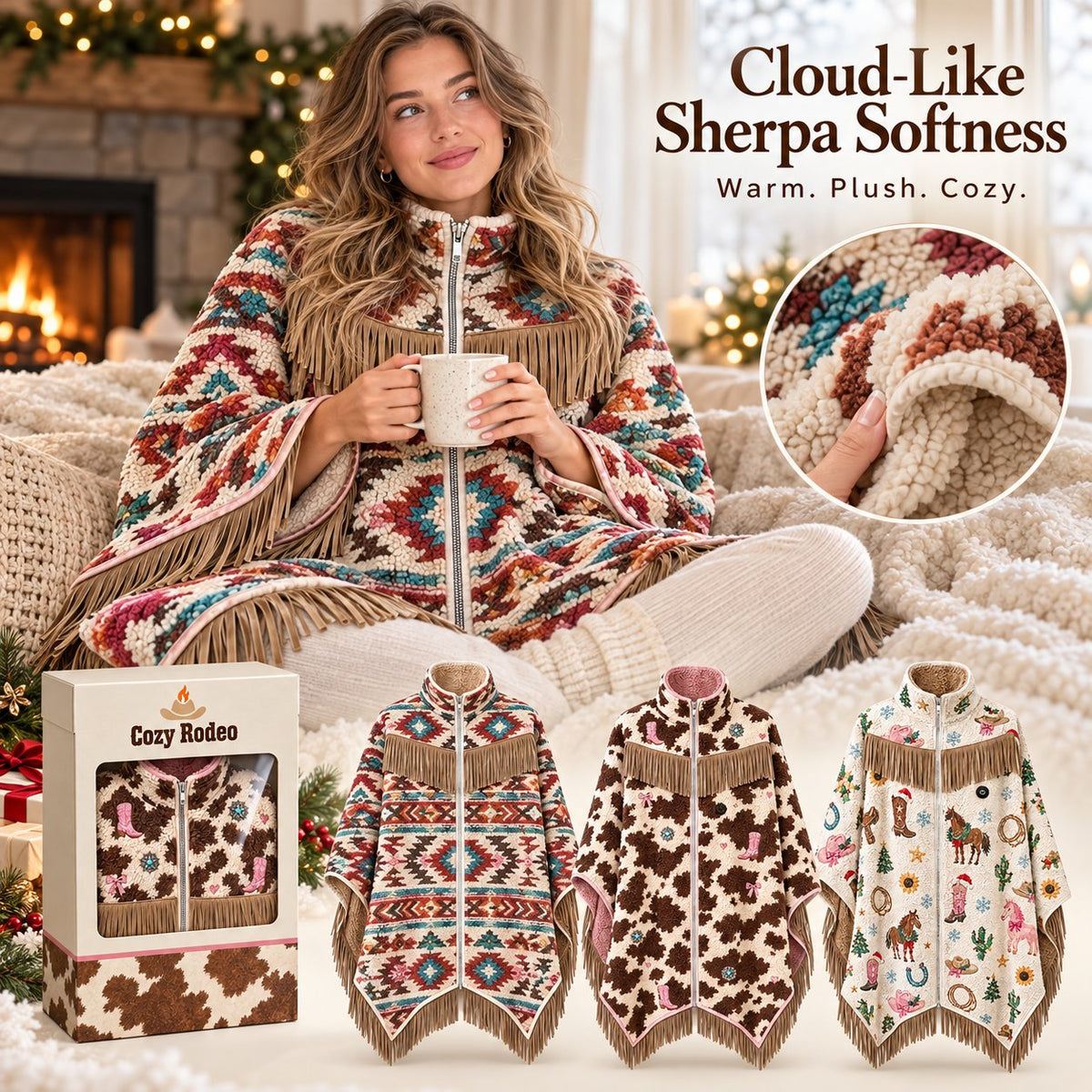 🤠 Heated Sherpa Fringe Poncho – 3 Heat Settings, Cozy Western Cowgirl Wrap in 3 Prints 🔥