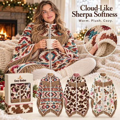 🤠 Heated Sherpa Fringe Poncho – 3 Heat Settings, Cozy Western Cowgirl Wrap in 3 Prints 🔥