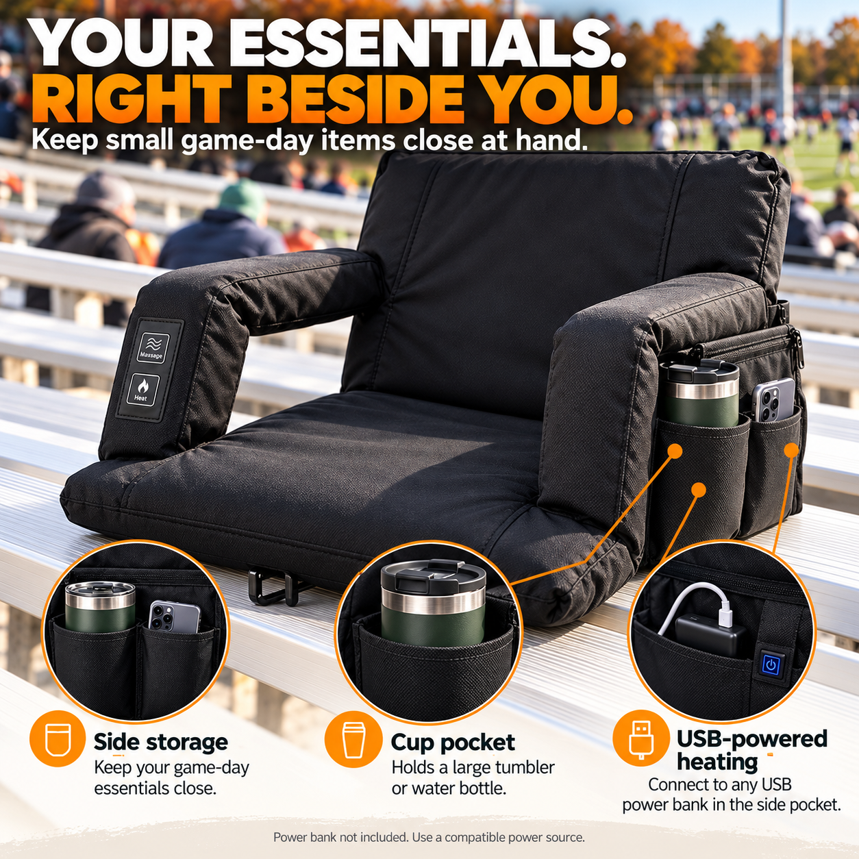 Heated stadium chair side storage pocket cup holder and USB power bank connection