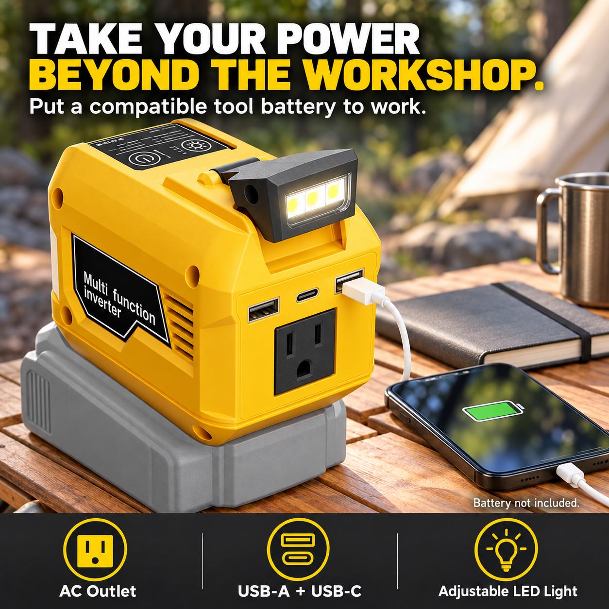 Portable power inverter powered by a compatible tool battery with AC outlet USB charging and LED light
