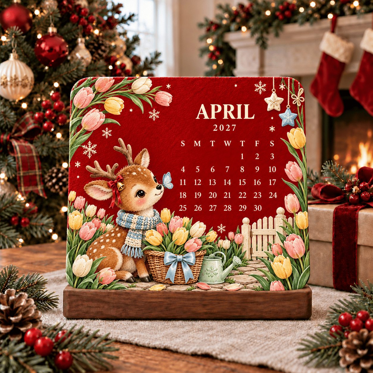 April 2027 reindeer surrounded by spring tulips