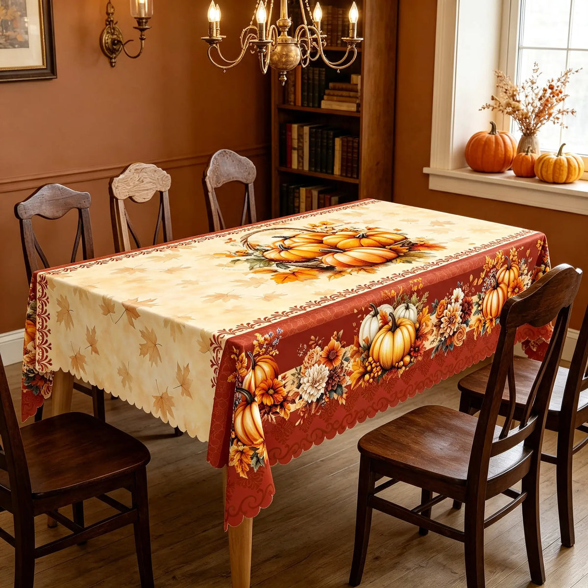 🥰🌻Thanksgiving Tablecloth ，Stain Resistant Washable Polyester Turkey Harvest Tablecloths