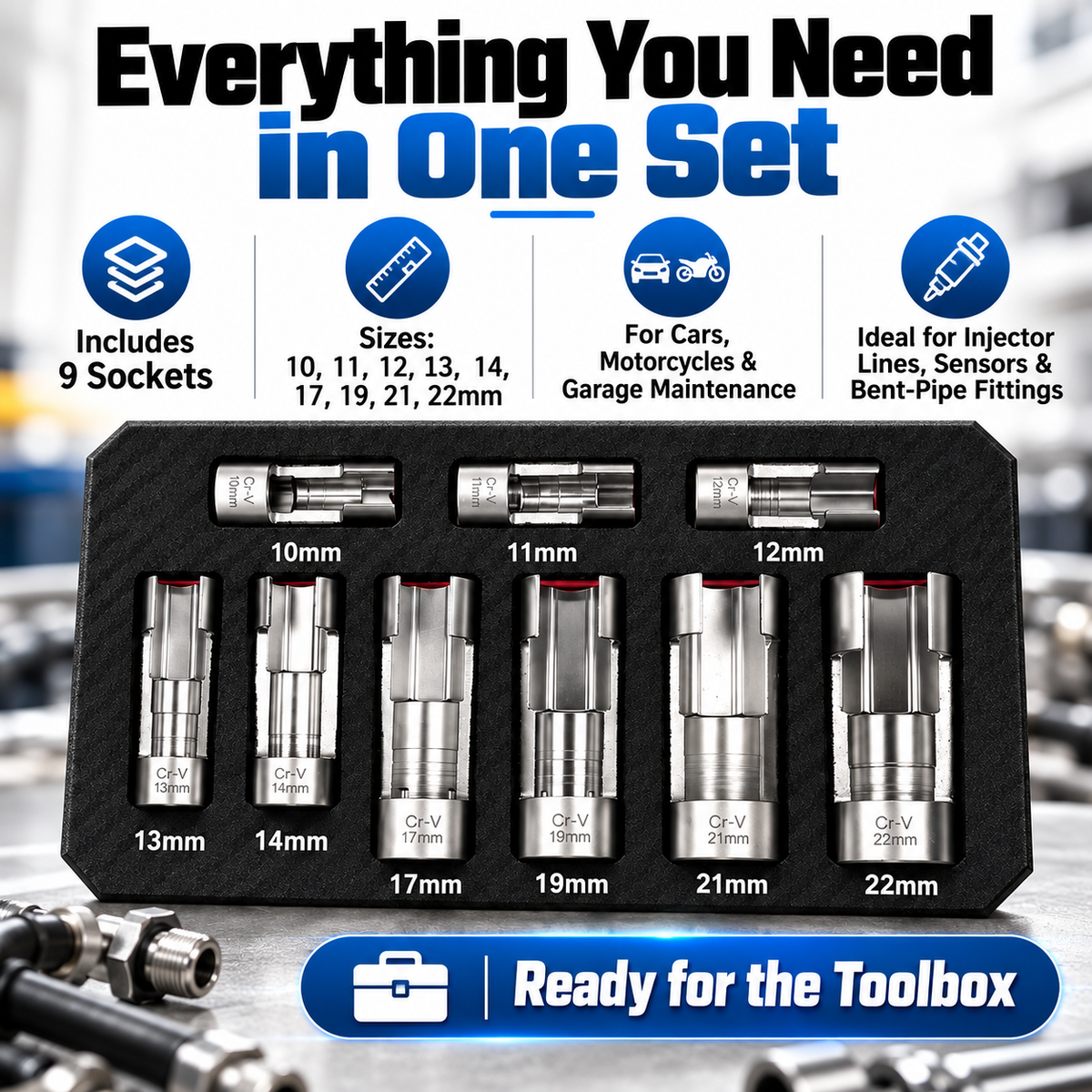 9-Piece Injector & Sensor Line Socket Set – 10–22mm Open-Side Cr-V Sockets, 3/8' & 1/2' Drive