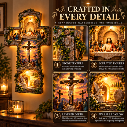 ✝️ He Is Risen – 3-Scene LED Wall Cross Lamp | Last Supper, Crucifixion & Resurrection