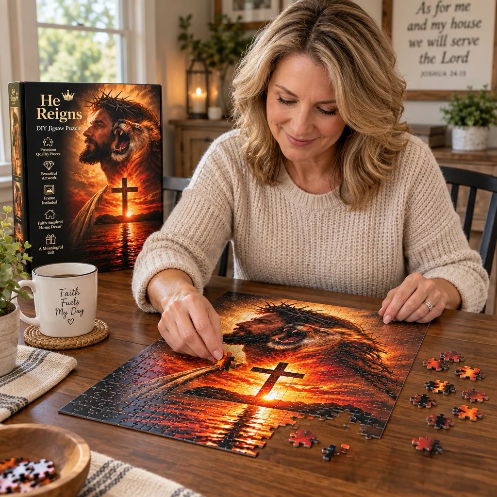 Woman assembling the He Reigns Christian jigsaw puzzle on a wooden table