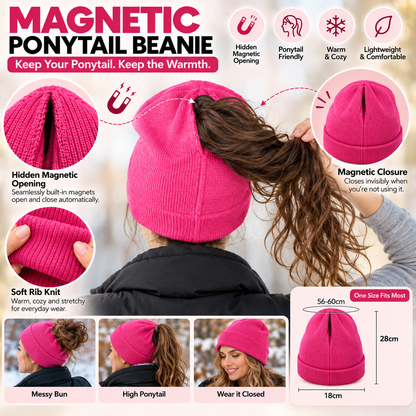 🔥2-in-1-ponytail-beanie-hat-hidden – Hidden Magnetic Closure, No-Zip Winter Knit Hat ❄️