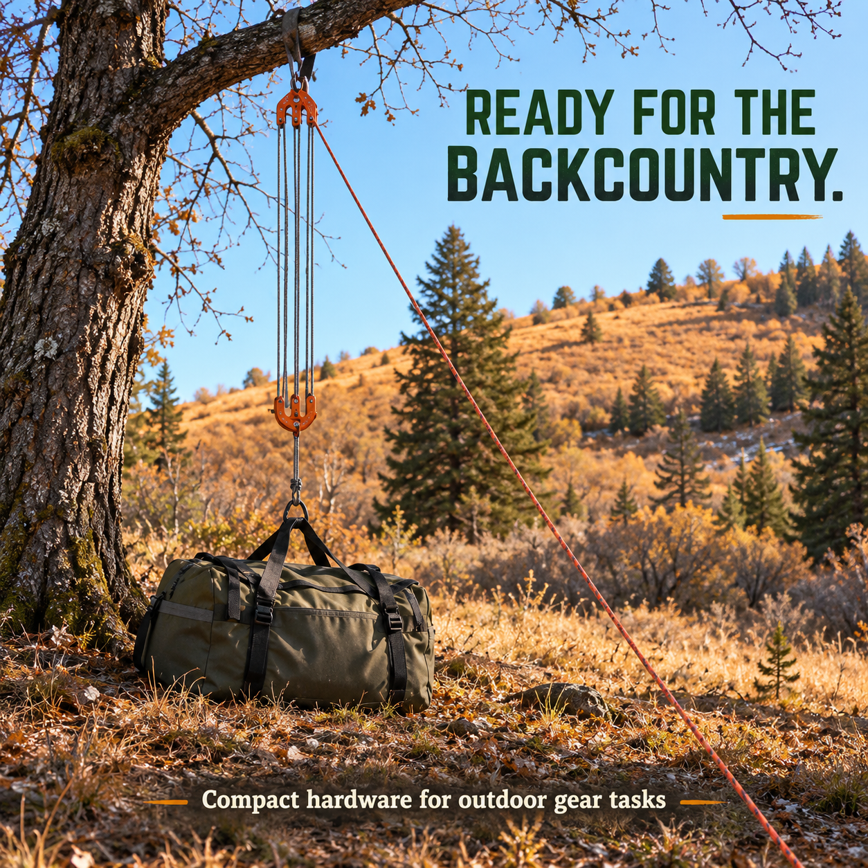 Outdoor block and tackle setup suspending a gear bag beneath a tree
