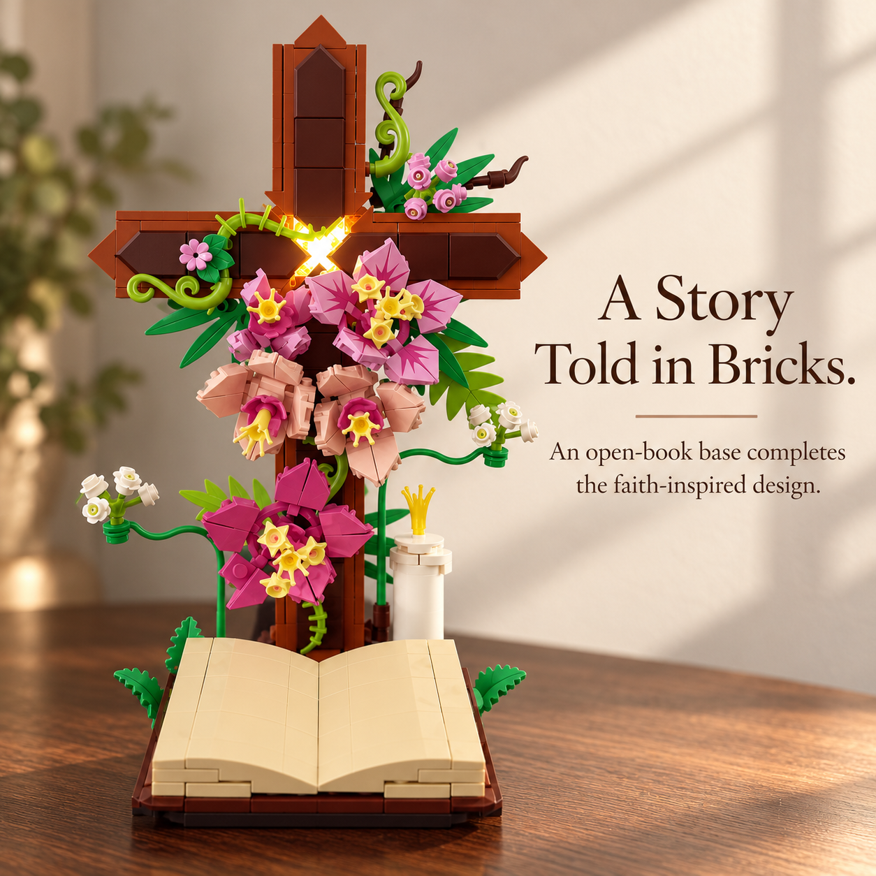 Floral cross building set with decorative open-book base and illuminated center