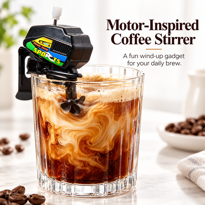 Wind-up boat motor coffee stirrer showing its mini outboard appearance
